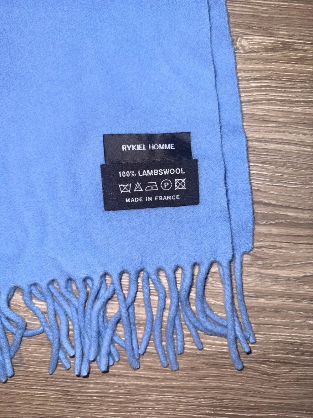 Rykiel Homme Large Rectangle 100% Wool Scarf Made in France Blue Fringe